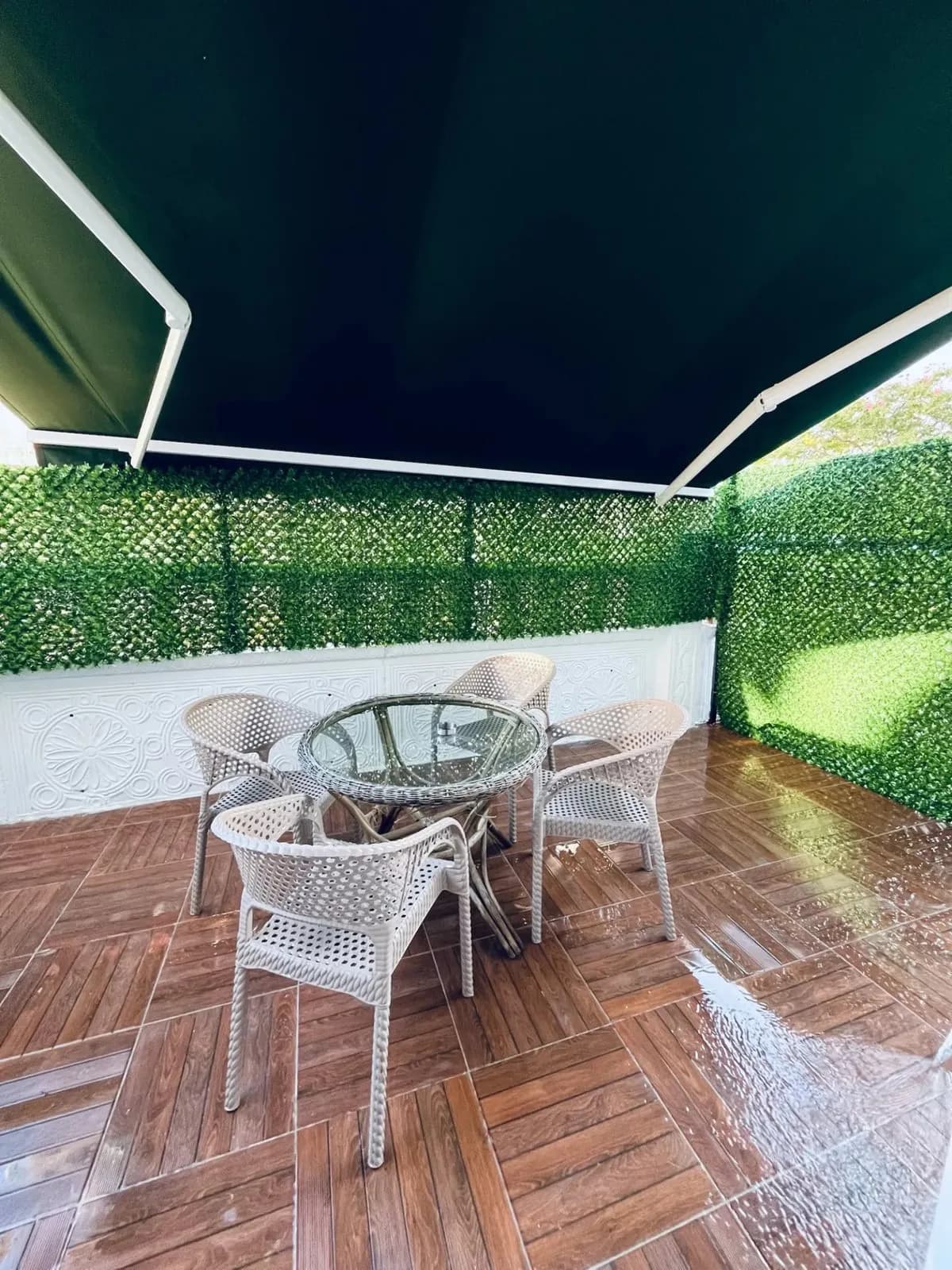 The green lawn terrace of a studio apartment